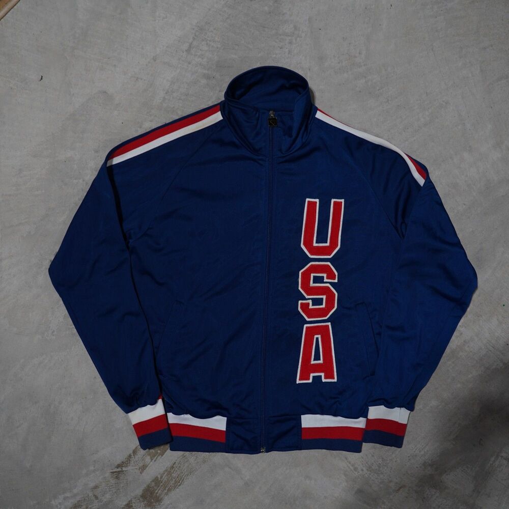 80s USA Track Jacket Mens L Blue Red White Stripe Warm Up Full Zip Retro Sport